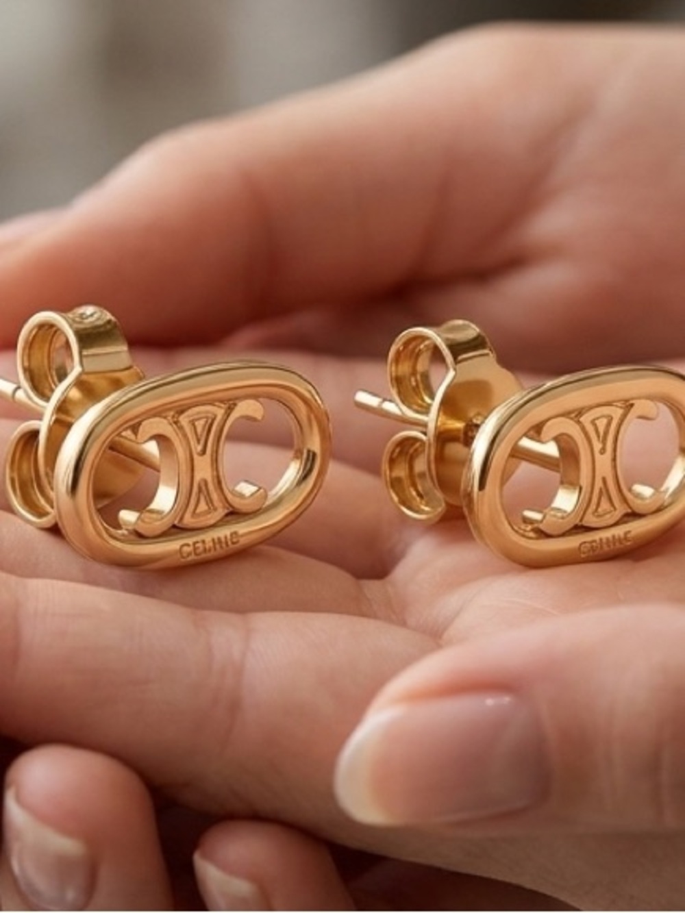 🆕 CELINE Gold Triomphe Logo Stud Earrings